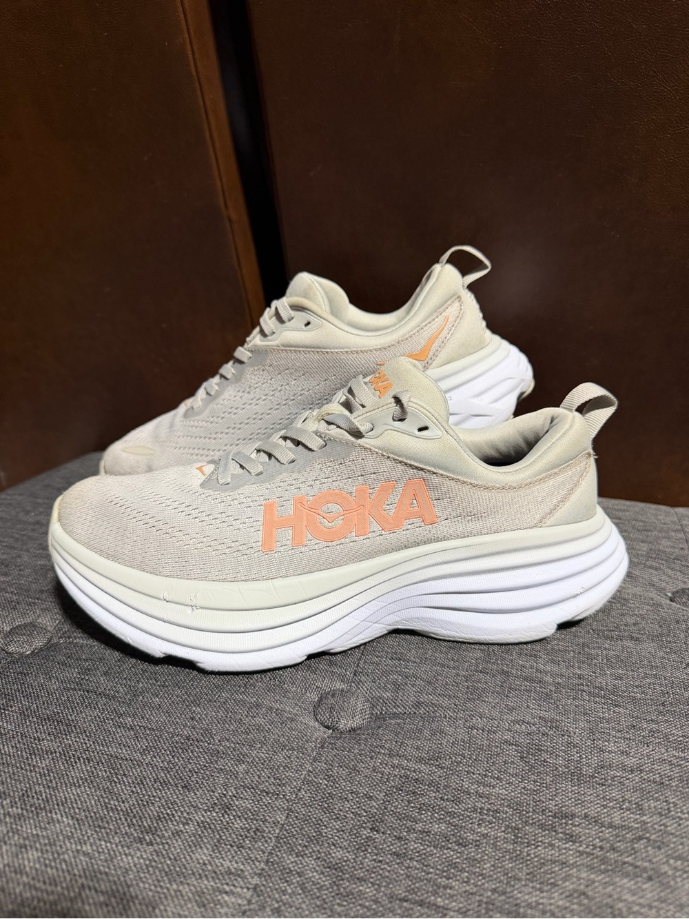 Hoka Women's 7.5B Neutral Trainer in Light Beige with Peach Logo - Picture 4 of 10